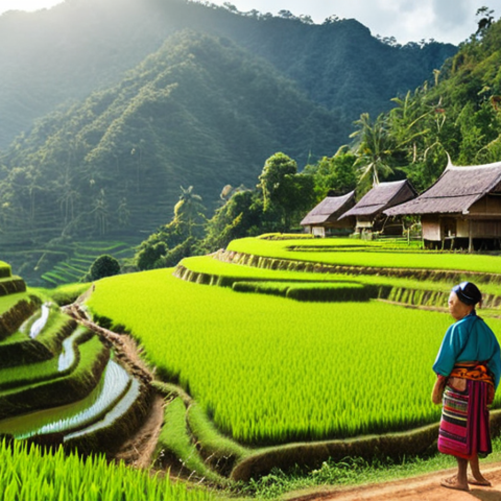 **

"A vibrant image showcasing a Northern Thailand village. Depict lush green rice terraces cascading down hillsides, with traditional wooden houses nestled amongst them. In the foreground, show smiling members of a hill tribe dressed in their colorful traditional clothing, interacting with tourists who are respectfully dressed. The overall scene should convey a sense of cultural immersion and the beauty of the natural landscape, highlighting sustainable tourism. Sunlight streaming through the mountains in the background. Focus on authentic details like handwoven textiles and local crafts."

**