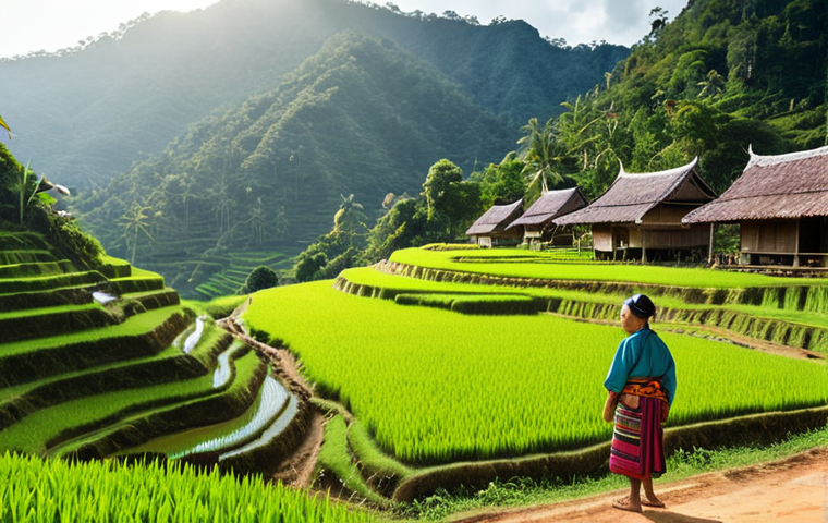 **

"A vibrant image showcasing a Northern Thailand village. Depict lush green rice terraces cascading down hillsides, with traditional wooden houses nestled amongst them. In the foreground, show smiling members of a hill tribe dressed in their colorful traditional clothing, interacting with tourists who are respectfully dressed. The overall scene should convey a sense of cultural immersion and the beauty of the natural landscape, highlighting sustainable tourism. Sunlight streaming through the mountains in the background. Focus on authentic details like handwoven textiles and local crafts."

**