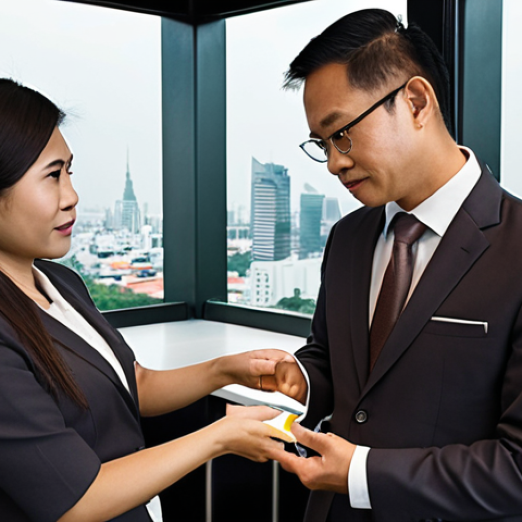 **

A formal business meeting in Bangkok. A Thai executive in a sharp suit (dark color), respectfully receiving a business card with both hands from a Swedish businessperson. The Swede is also in professional attire (skirt suit or pantsuit). Soft, diffused lighting. Background subtly shows the skyline, hinting at a modern office setting. The overall tone is respectful and professional. Focus on portraying "Kreng Jai" - the Thai executive's expression is polite and attentive.

**