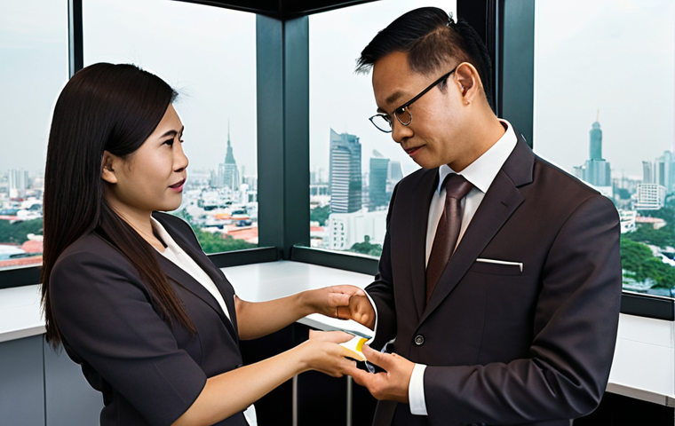 **

A formal business meeting in Bangkok. A Thai executive in a sharp suit (dark color), respectfully receiving a business card with both hands from a Swedish businessperson. The Swede is also in professional attire (skirt suit or pantsuit). Soft, diffused lighting. Background subtly shows the skyline, hinting at a modern office setting. The overall tone is respectful and professional. Focus on portraying "Kreng Jai" - the Thai executive's expression is polite and attentive.

**