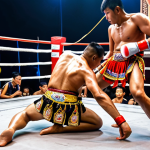 ** A vibrant Muay Thai fight in Bangkok, showcasing the Wai Kru Ram Muay ritual dance with traditional music and drums in the background. Emphasize the fighter's agility and respect.

**