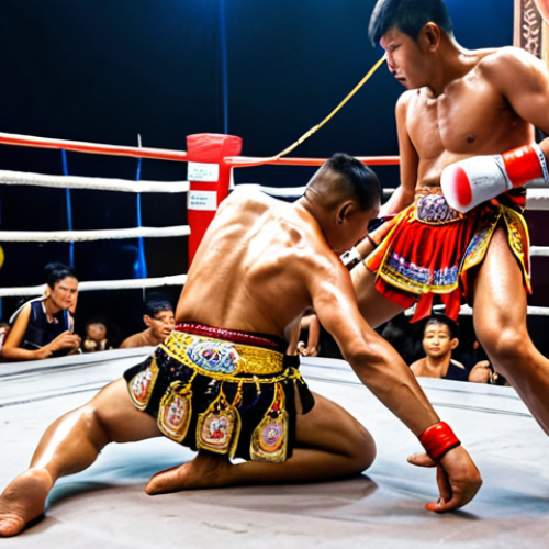 Home 25 ** A vibrant Muay Thai fight in Bangkok, showcasing the Wai Kru Ram Muay ritual dance with traditional music and drums in the background. Emphasize the fighter's agility and respect.
**