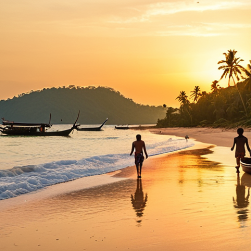 Home 24 **Prompt:** Scenic view of Long Beach on Koh Lanta at sunset. Golden light reflecting on the calm water. Family walking along the beach. Palm trees, peaceful atmosphere, Thai longtail boats in the distance. Warm colors, soft focus.
