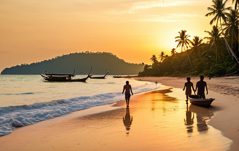 **Prompt:**  Scenic view of Long Beach on Koh Lanta at sunset.  Golden light reflecting on the calm water. Family walking along the beach.  Palm trees, peaceful atmosphere, Thai longtail boats in the distance.  Warm colors, soft focus.
