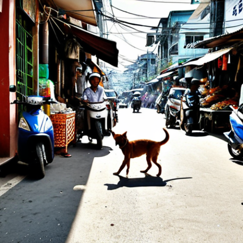 Home 22 A lean, street-wise stray dog or cat navigating a bustling, sun-drenched street in a Thai city. Show the contrast between the vibrant street life (scooters, market stalls in the background) and the animal's solitary, vulnerable presence. Emphasize realism and a slightly melancholic mood.