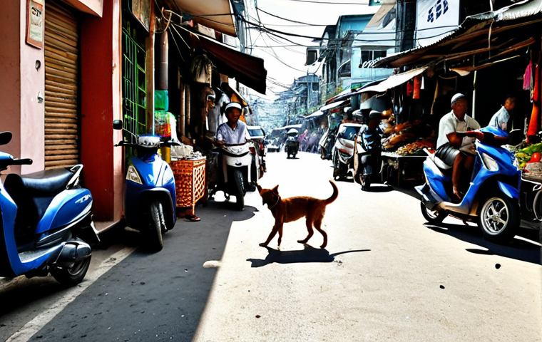 A lean, street-wise stray dog or cat navigating a bustling, sun-drenched street in a Thai city. Show the contrast between the vibrant street life (scooters, market stalls in the background) and the animal's solitary, vulnerable presence. Emphasize realism and a slightly melancholic mood.