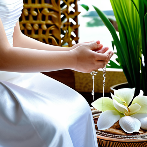Home 9 A Thai bride and groom in traditional, modest silk wedding attire, with correct proportions and natural poses, participating in the Rod Nam Sang water blessing ceremony. They are seated with their hands gently together, as blessed water flows over their hands from a conch shell. The setting is adorned with fragrant white jasmine and orchids, with soft, ambient lighting. The atmosphere is serene and respectful. Professional photography, high detail, realistic, perfect anatomy, well-formed hands, natural body proportions, safe for work, appropriate content, fully clothed, family-friendly.