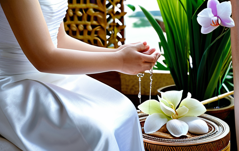 A Thai bride and groom in traditional, modest silk wedding attire, with correct proportions and natural poses, participating in the Rod Nam Sang water blessing ceremony. They are seated with their hands gently together, as blessed water flows over their hands from a conch shell. The setting is adorned with fragrant white jasmine and orchids, with soft, ambient lighting. The atmosphere is serene and respectful. Professional photography, high detail, realistic, perfect anatomy, well-formed hands, natural body proportions, safe for work, appropriate content, fully clothed, family-friendly.